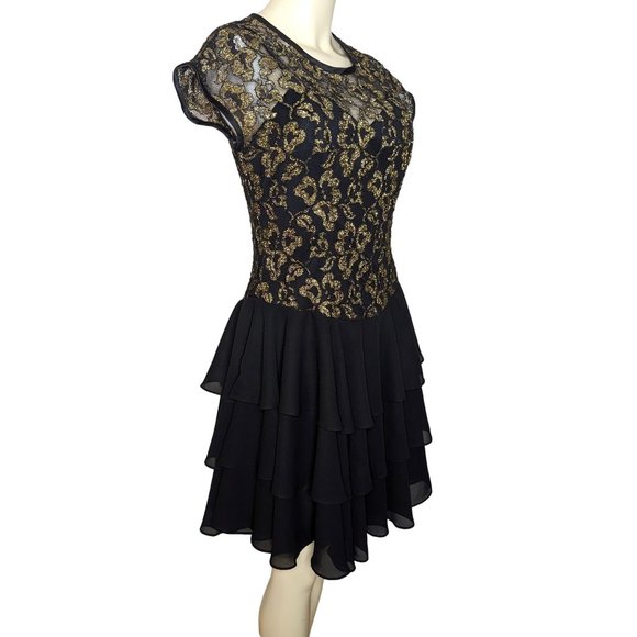 Vintage 80’s Late Edition Black w/ Sheer Gold Floral Sheer Ruffle Dress Size 10 - Picture 3 of 16